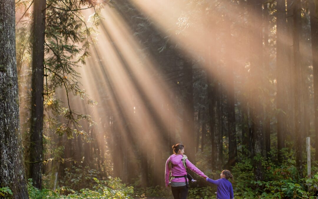 Woman walking with child in woods